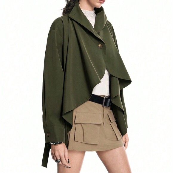 Jackets & Blazers - Olive Green Draped Waterfall Cape-Effect Collar Oversized Trench Jacket